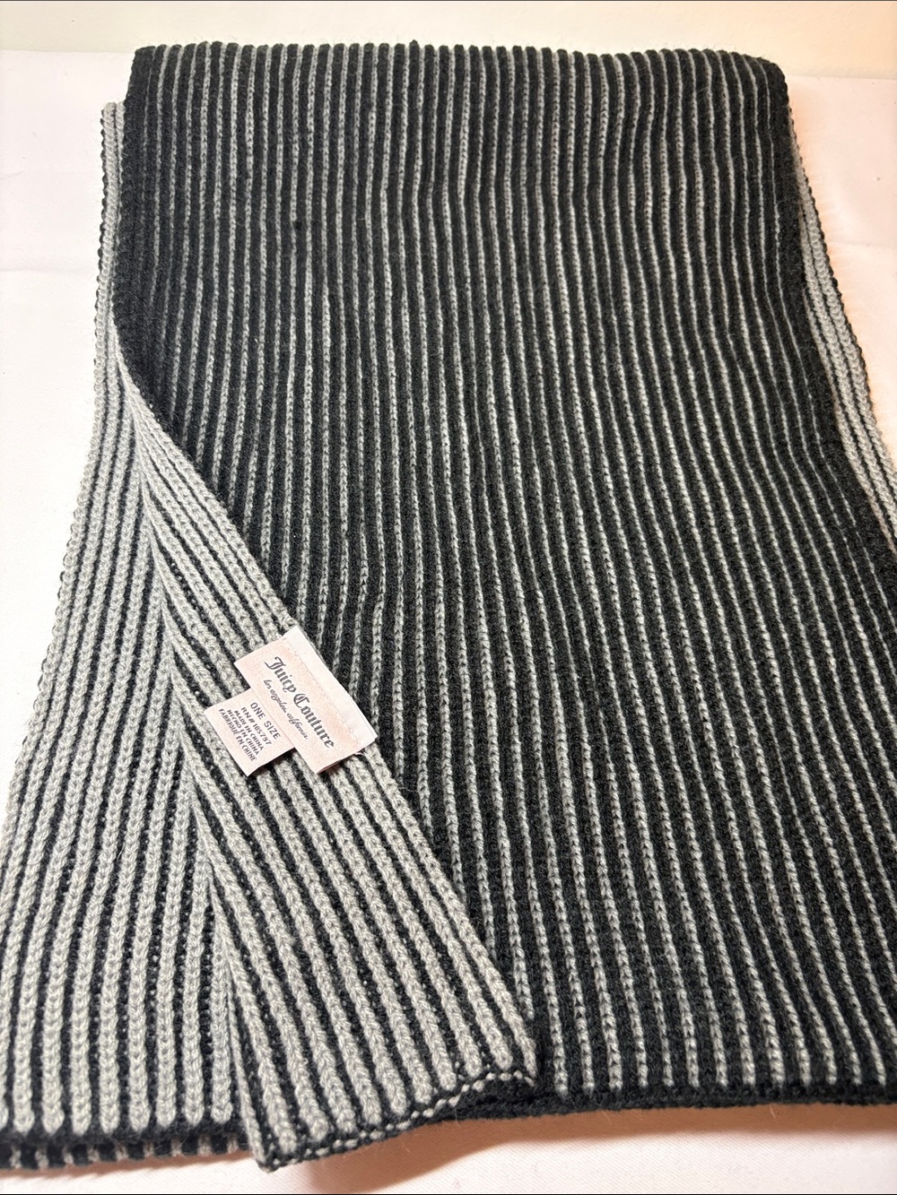 Juicy Couture Acrylic Black and Gray Striped Scarf 11” x 64”